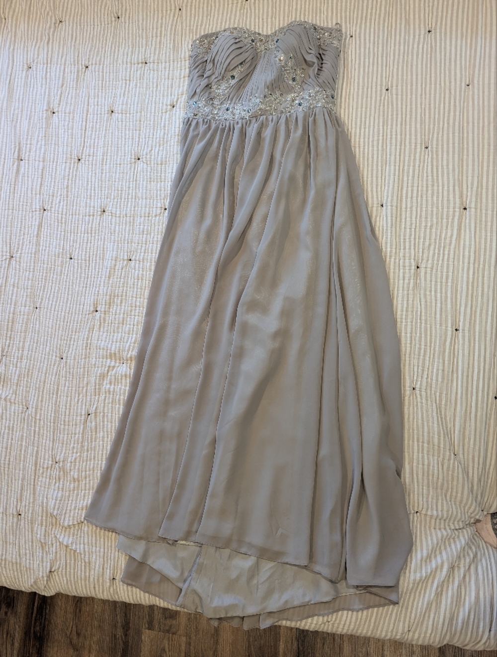 Strapless Beaded Chiffon Gown in Light Gray